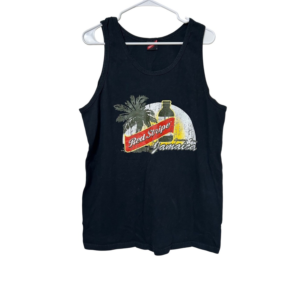 Vintage Red Stripe Jamaica‎ Beer Graphic Tank Top Mens Large Black Cotton Shirt